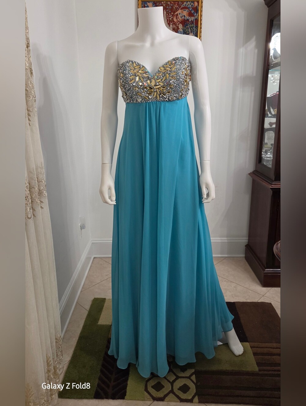 NWT Terani Couture Strapless Aqua Evening Gown with Embellished Bodice